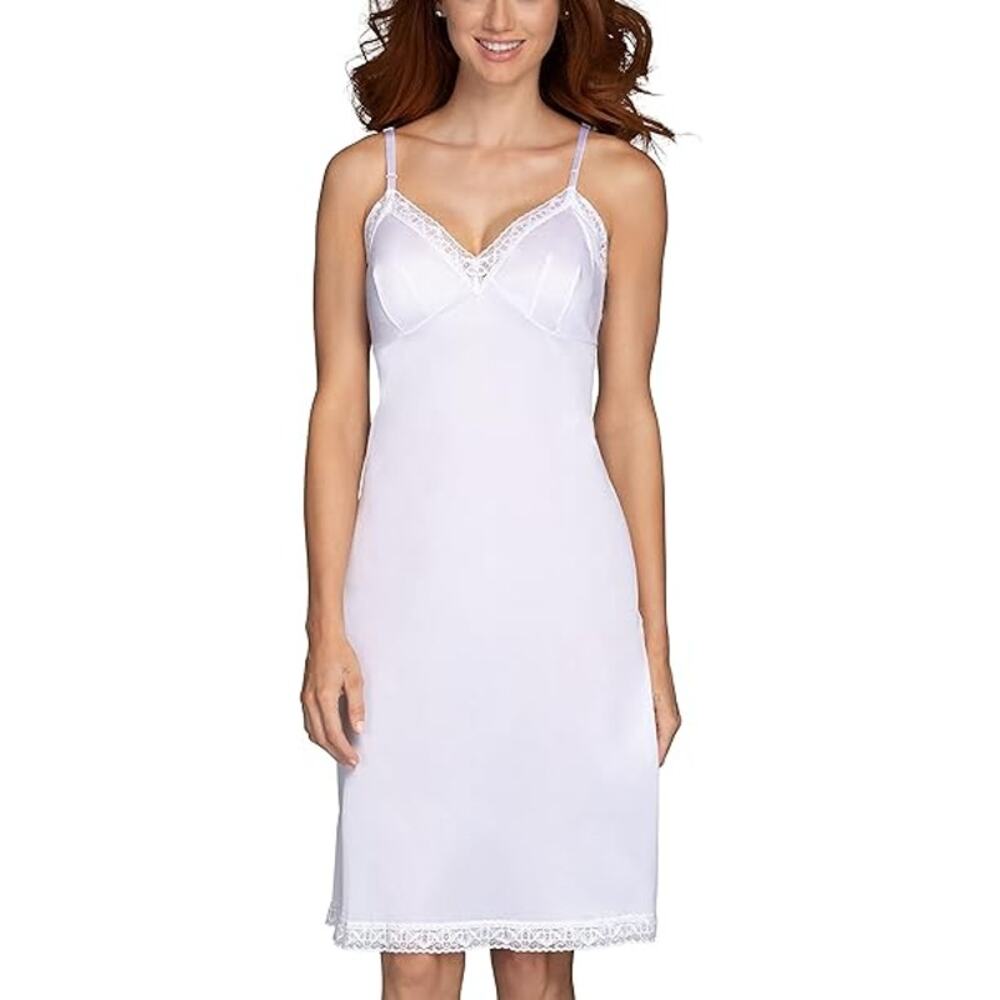 Vanity Fair Womens Large White Lace Trim Anti Static Nylon Adjustable Slip Dress - Picture 1 of 5